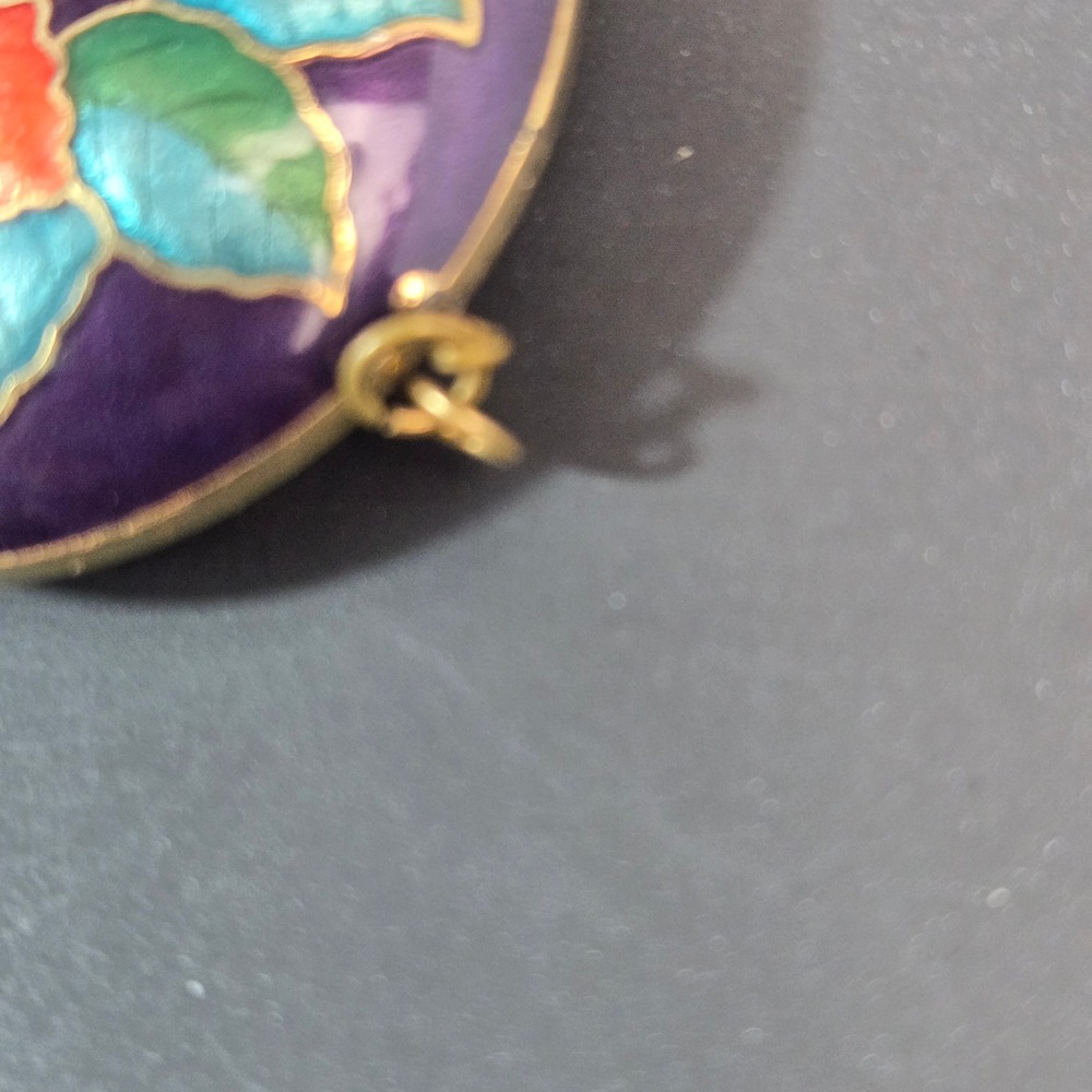 Vintage Cloisonne Enamel Hibiscus Flower Pendant Purple Orange Tropical Floral - Picture 6 of 8